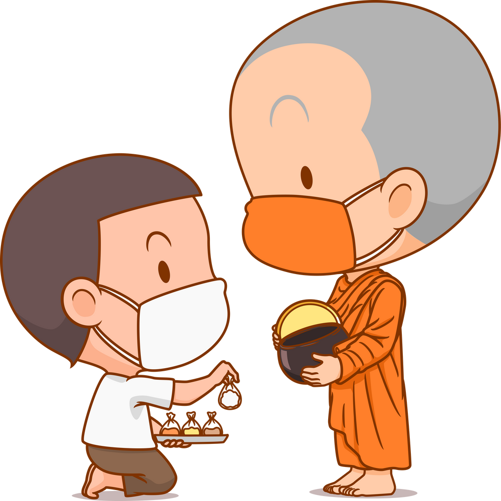 Cartoon of Buddhist monks receive food from a boy.